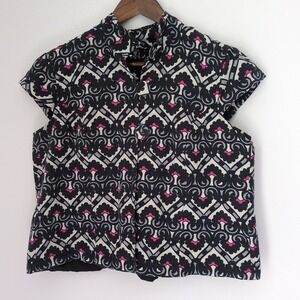 Willi Smith Bolero Jacket SZ L Silk Black White‎ Pink Grey Pattern Buttons Short